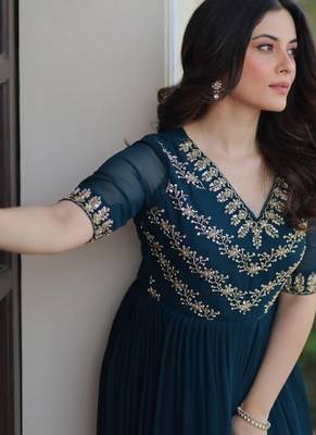 Teal zari & sequins embroidered georgette Gown 4