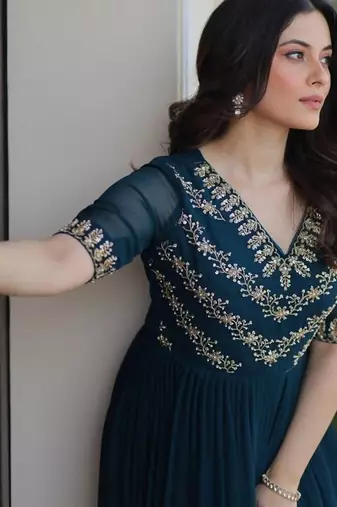 Teal zari & sequins embroidered georgette Gown