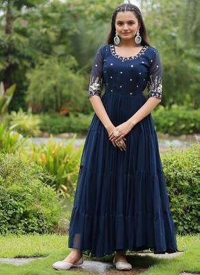 Teal zari & sequins embroidered work georgette stitched kurta gown 1
