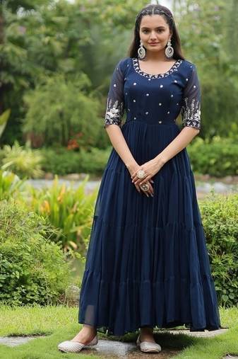 Teal zari & sequins embroidered work georgette stitched kurta gown