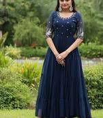 Teal zari & sequins embroidered work georgette stitched kurta gown