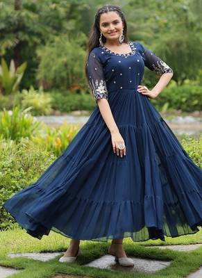 Teal zari & sequins embroidered work georgette stitched kurta gown 2
