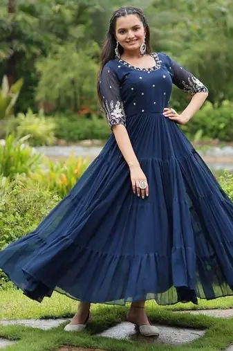 Teal zari & sequins embroidered work georgette stitched kurta gown