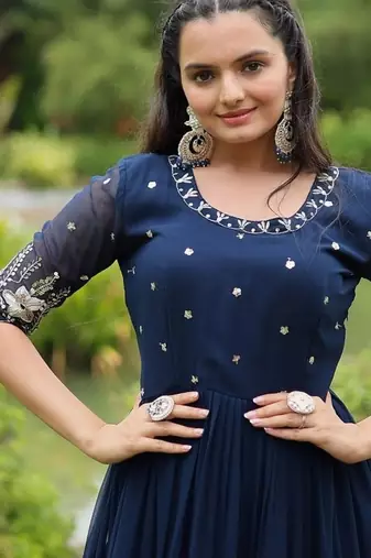 Teal zari & sequins embroidered work georgette stitched kurta gown