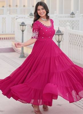 Pink zari & sequins embroidered georgette Gown 1