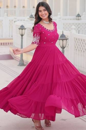 Pink zari & sequins embroidered work georgette stitched kurta gown