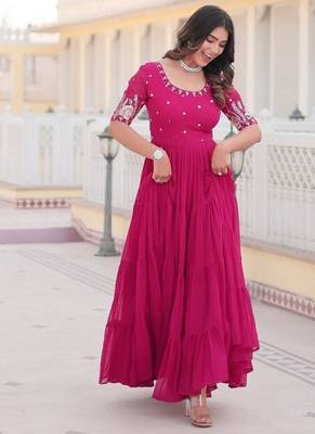 Pink zari & sequins embroidered georgette Gown 2