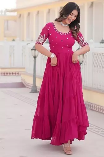 Pink zari & sequins embroidered georgette Gown