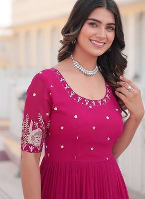 Pink zari & sequins embroidered georgette Gown 4
