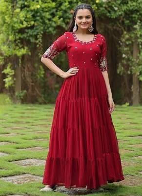 Maroon zari & sequins embroidered georgette Gown 1