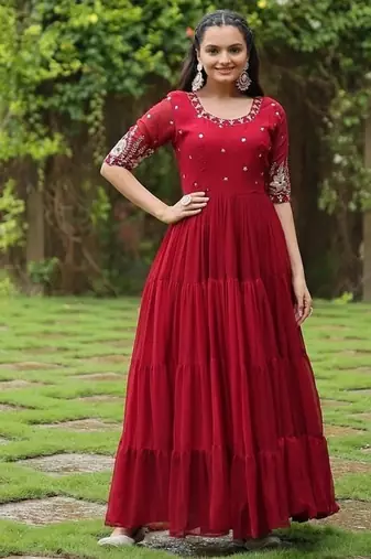 Maroon zari & sequins embroidered work georgette stitched kurta gown