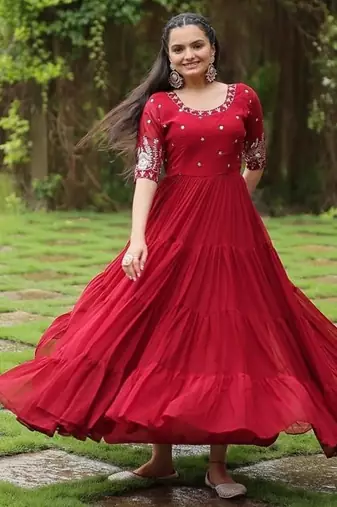Maroon zari & sequins embroidered georgette Gown