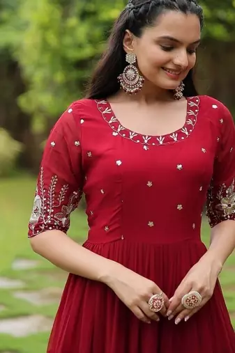Maroon zari & sequins embroidered georgette Gown
