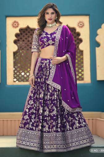 Purple Dola Silk Semi Stitched Lehenga Choli with Heavy Embroidery Work