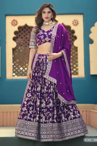 Purple Dola Silk Semi Stitched Lehenga Choli with Heavy Embroidery Work