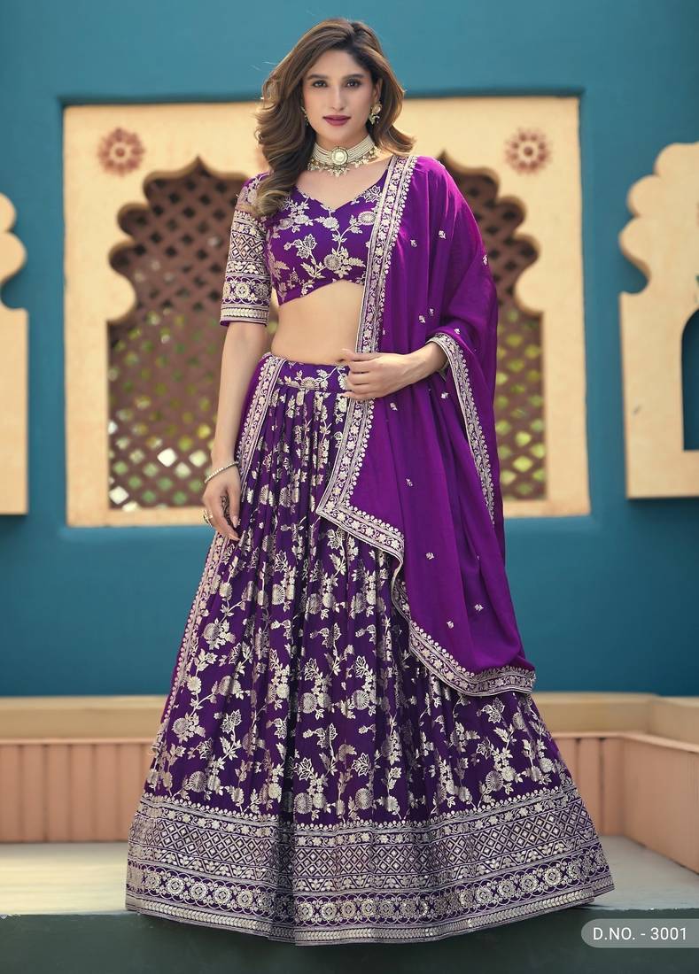 Purple Dola Silk Semi Stitched Lehenga Choli with Heavy Embroidery Work