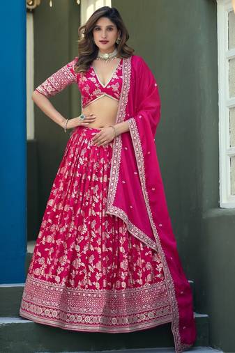 Pink Dola Silk Semi Stitched Lehenga Choli with Heavy Embroidery Work