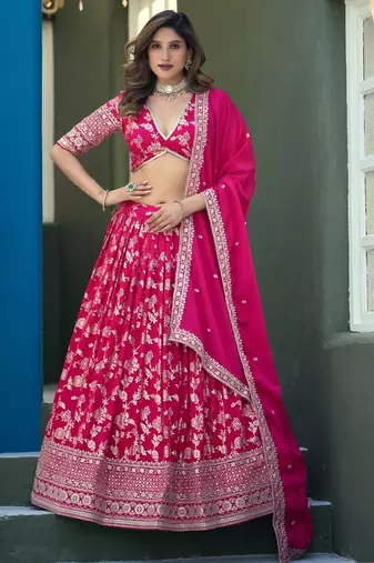 Pink Dola Silk Semi Stitched Lehenga Choli with Heavy Embroidery Work