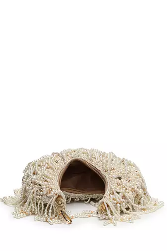 fringe flirt ivory & champagne faux silk clustered beadwork clutch