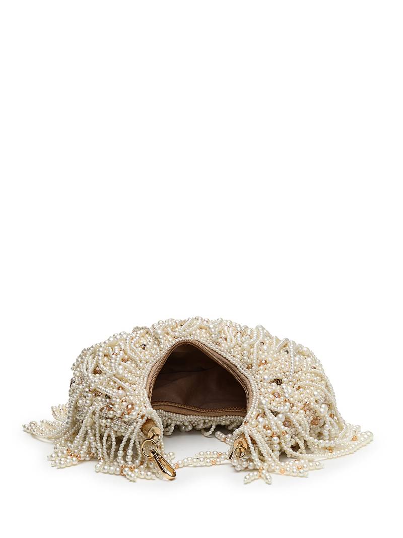 fringe flirt ivory & champagne faux silk clustered beadwork clutch