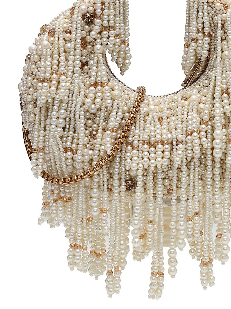 fringe flirt ivory & champagne faux silk clustered beadwork clutch