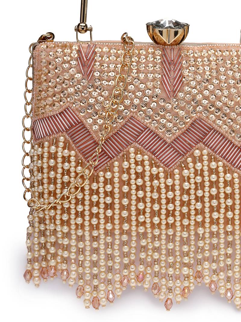crystal cascade blush pink & champagne velvet chevron embellished clutch