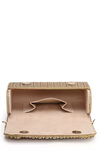blush & bead antique gold faux silk arc beaded clutch