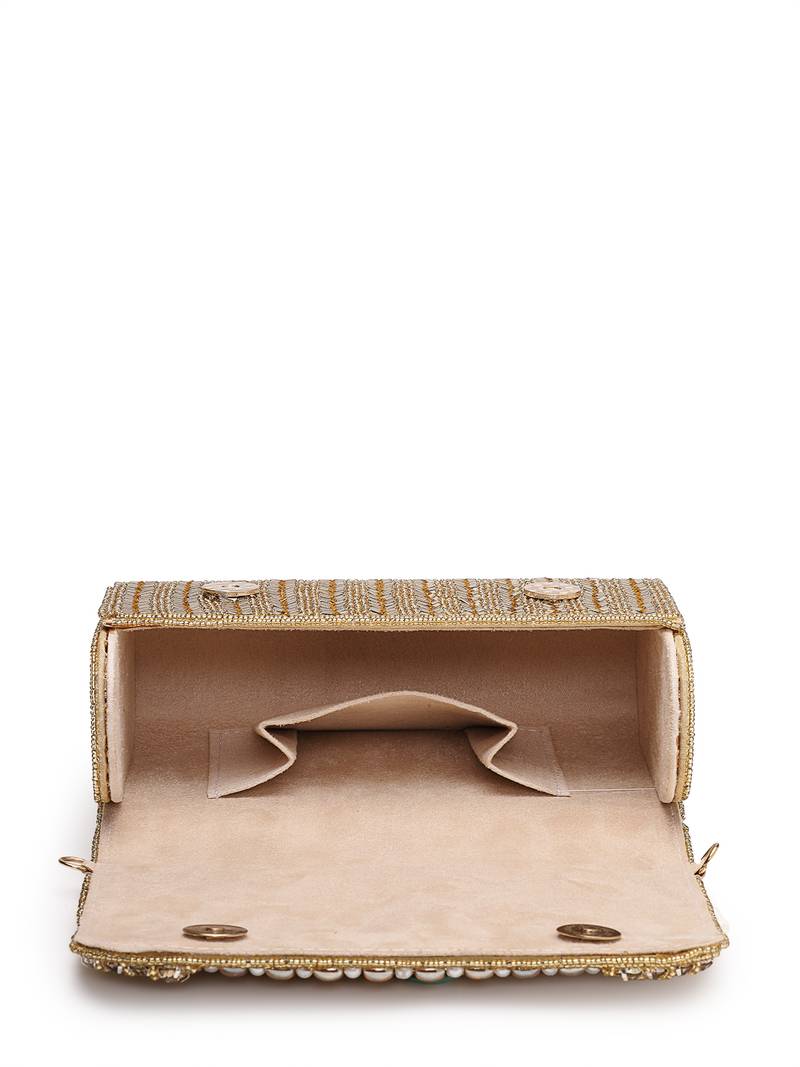 blush & bead antique gold faux silk arc beaded clutch