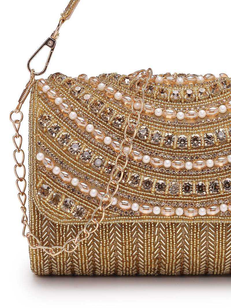 blush & bead antique gold faux silk arc beaded clutch