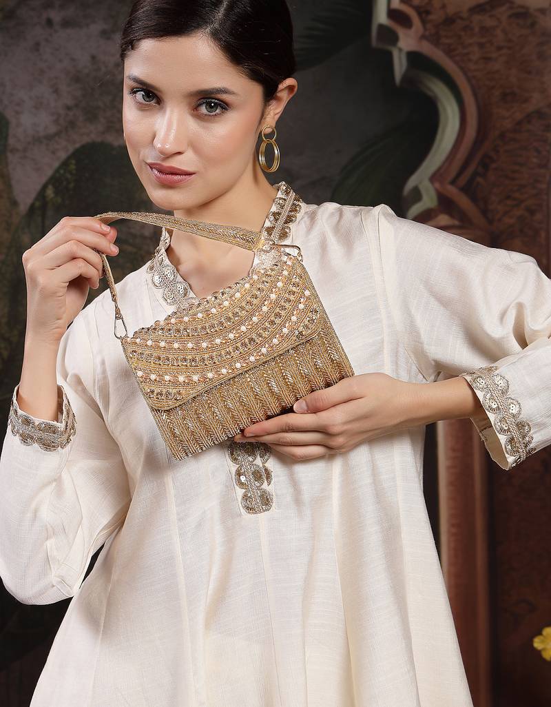 blush & bead antique gold faux silk arc beaded clutch