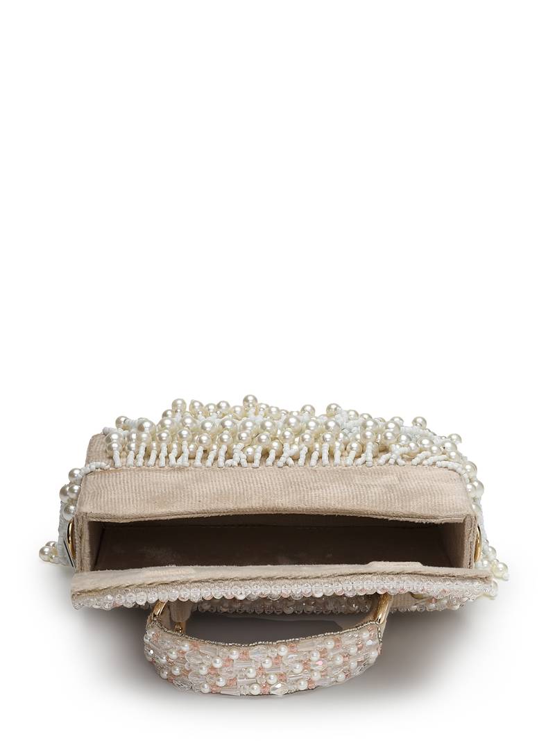 crystal cascade ivory, pearl white & blush pink suede beadwork clutch