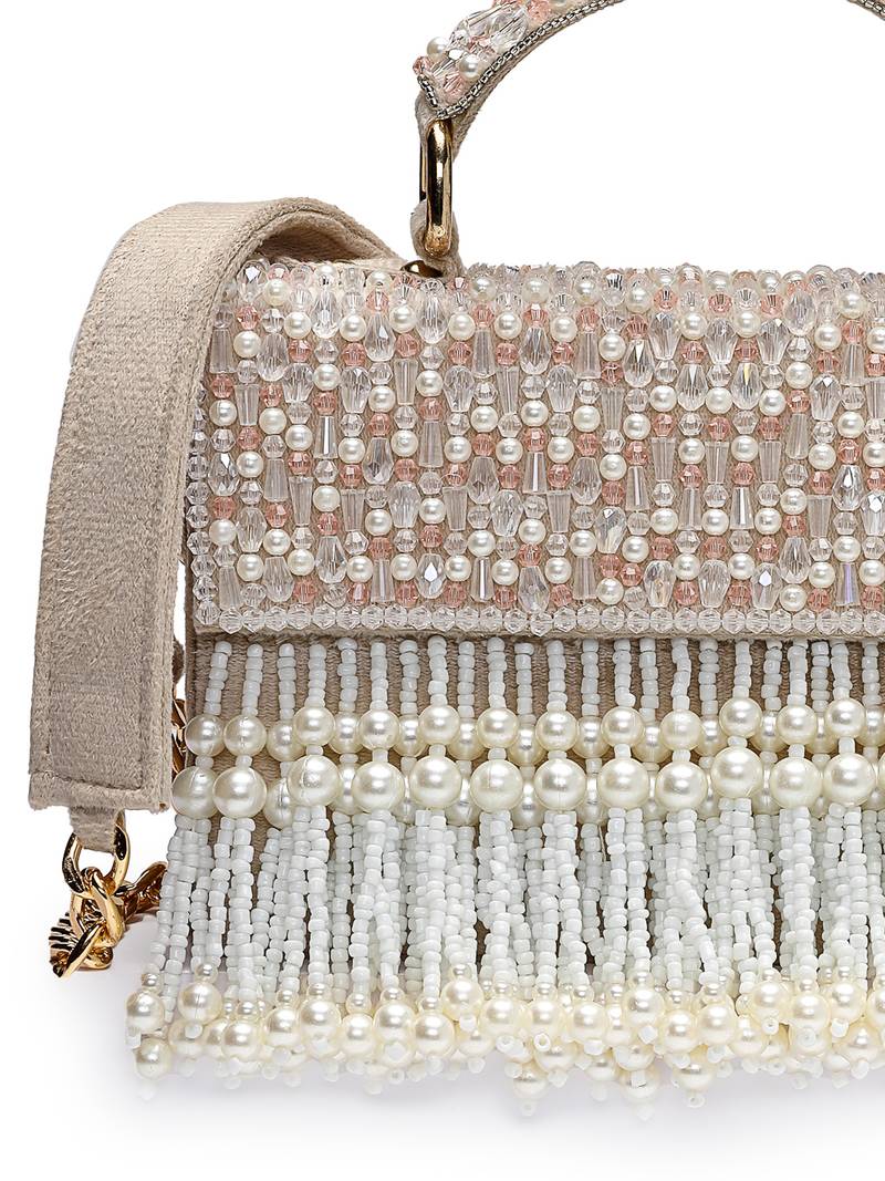 crystal cascade ivory, pearl white & blush pink suede beadwork clutch