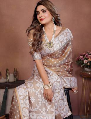 Light Beige Color Handmade Bandhej Viscose Silk Blend Saree 1