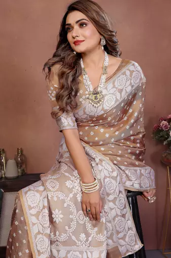Light Beige Color Handmade Bandhej Viscose Silk Blend Saree