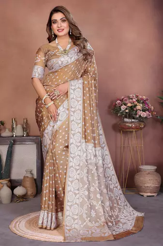 Light Beige Color Handmade Bandhej Viscose Silk Blend Saree
