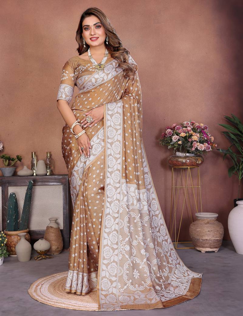 Light Beige Color Handmade Bandhej Viscose Silk Blend Saree