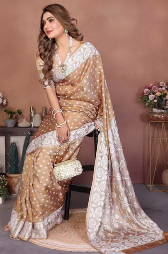 Light Beige Color Handmade Bandhej Viscose Silk Blend Saree