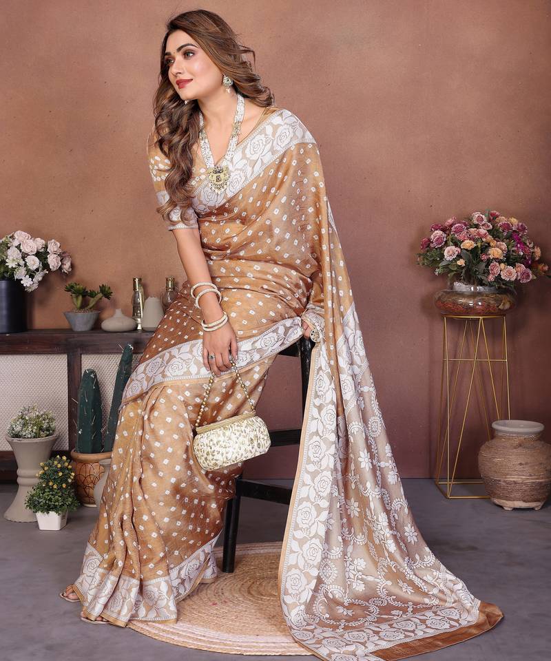 Light Beige Color Handmade Bandhej Viscose Silk Blend Saree