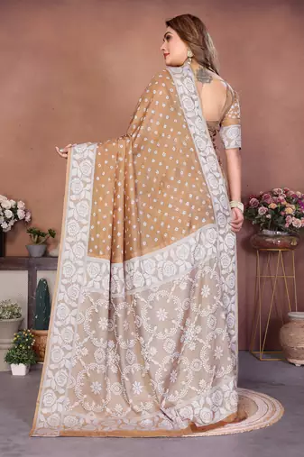 Light Beige Color Handmade Bandhej Viscose Silk Blend Saree