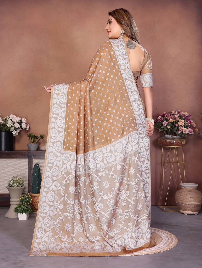 Light Beige Color Handmade Bandhej Viscose Silk Blend Saree