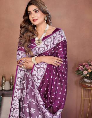Wine Color Handmade Bandhej Viscose Silk Blend Saree 1