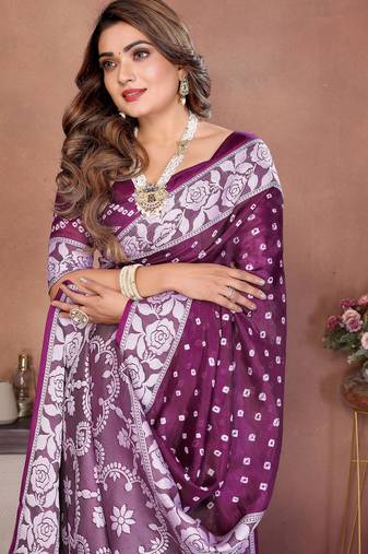 Wine Color Handmade Bandhej Viscose Silk Blend Saree