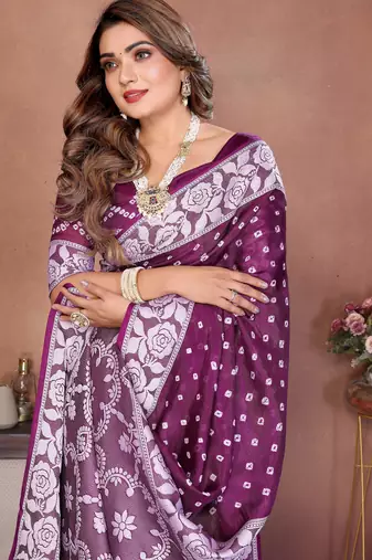 Wine Color Handmade Bandhej Viscose Silk Blend Saree
