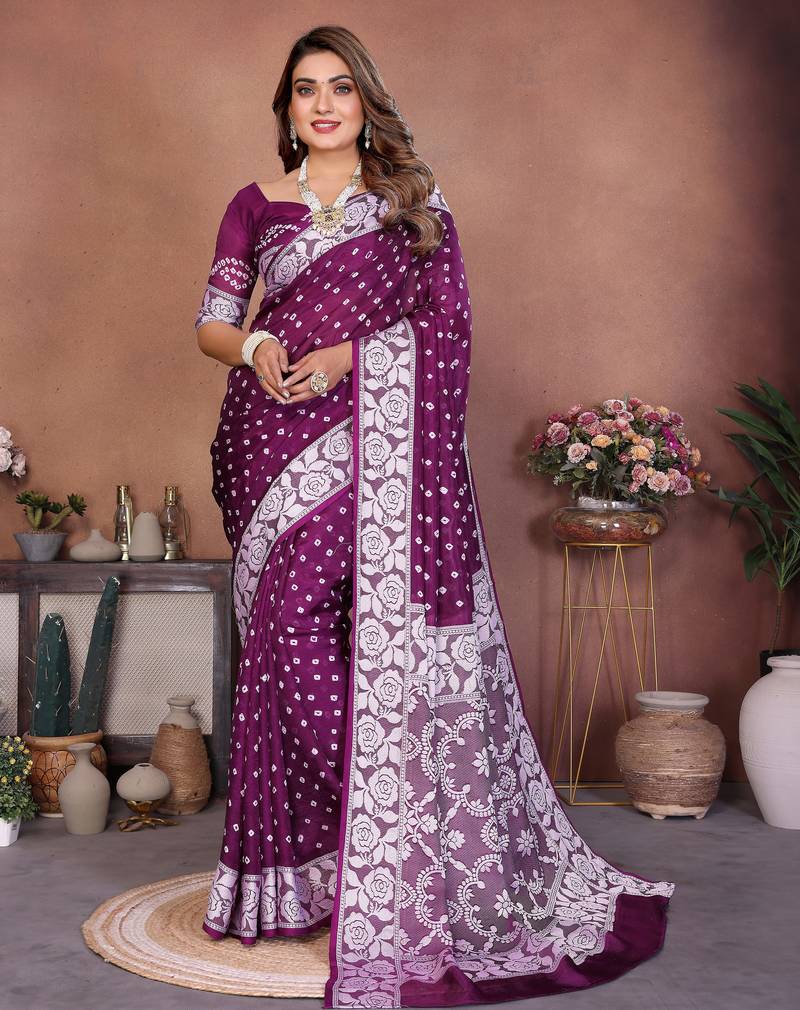 Wine Color Handmade Bandhej Viscose Silk Blend Saree
