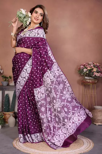 Wine Color Handmade Bandhej Viscose Silk Blend Saree