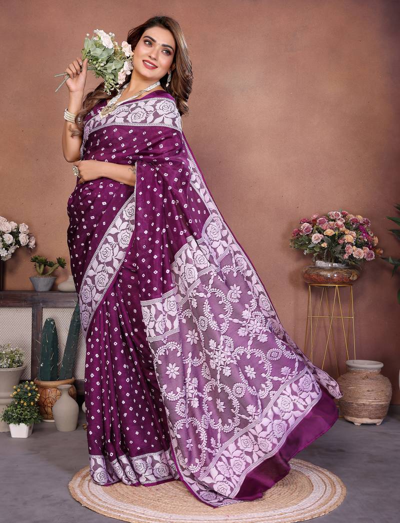 Wine Color Handmade Bandhej Viscose Silk Blend Saree
