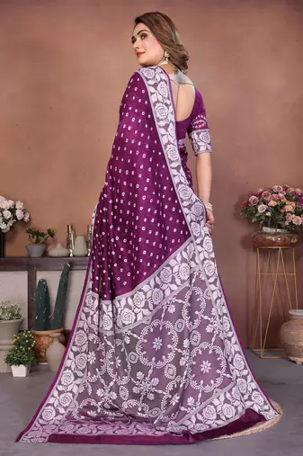 Wine Color Handmade Bandhej Viscose Silk Blend Saree