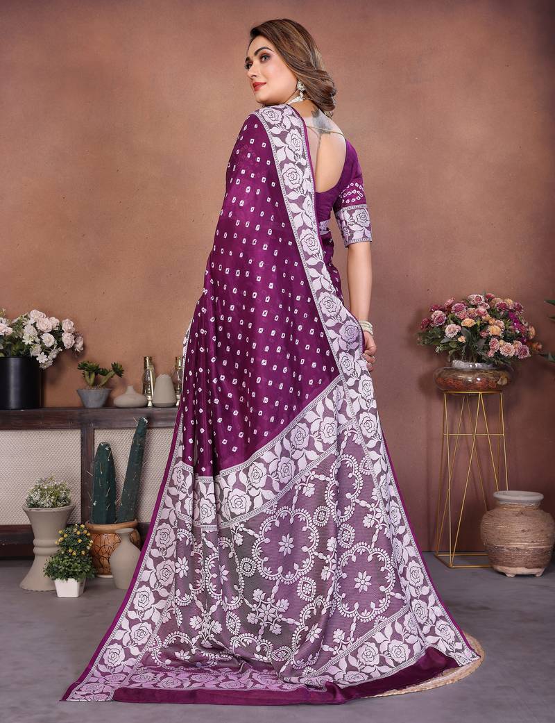 Wine Color Handmade Bandhej Viscose Silk Blend Saree