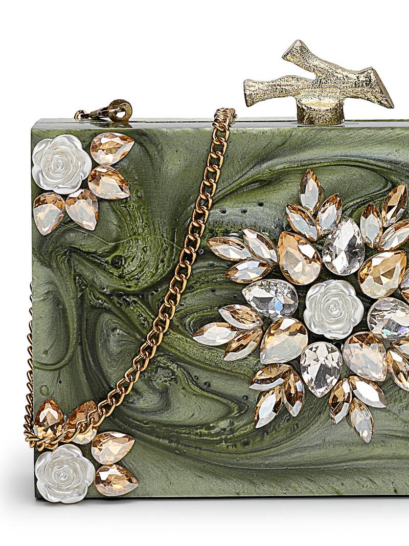 marble muse olive green, ivory & champagne gold resin clutch