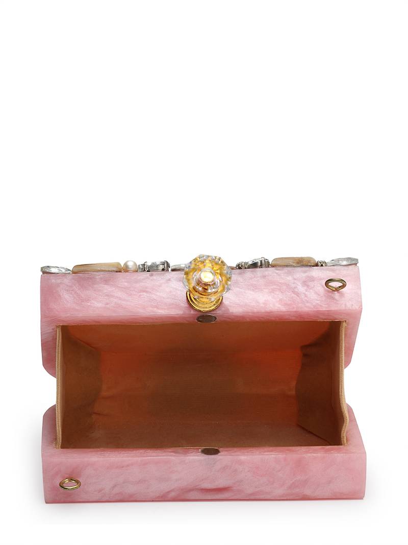 marble muse rose pink, ivory & crystal resin abstract embellished clutch